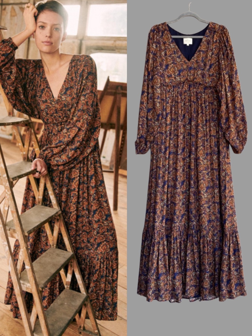 SEZANE Navy Blue & Orange Tan Paisley Boho Floral Flowy
Evelyna Maxi Dress